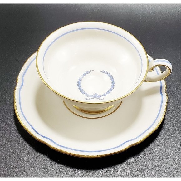 Castleton China Vintage EMPIRE Footed Tea Cup & Saucer Set Blue Wreath Gold Trim - Picture 2 of 10